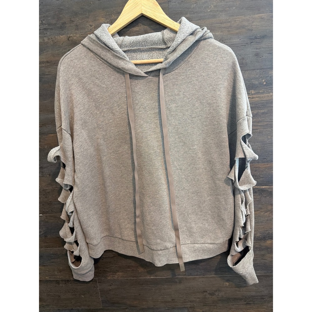 Alo Yoga Womens Ruffle Sleeve Hoodie Heather Grey Laser Cut Sweatshirt